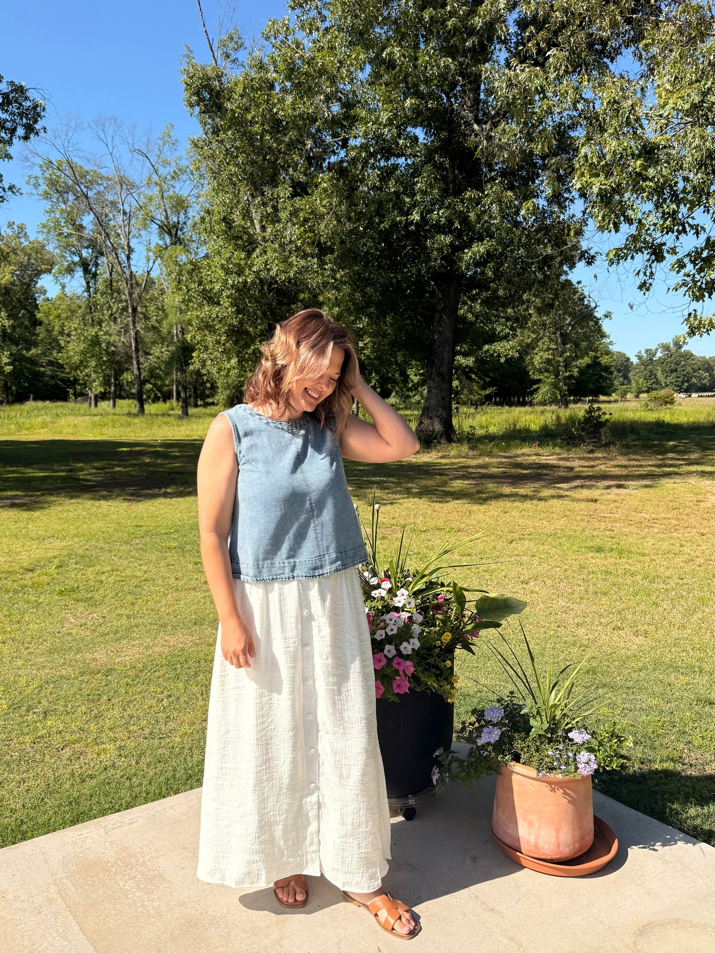 Smocked button down skirt