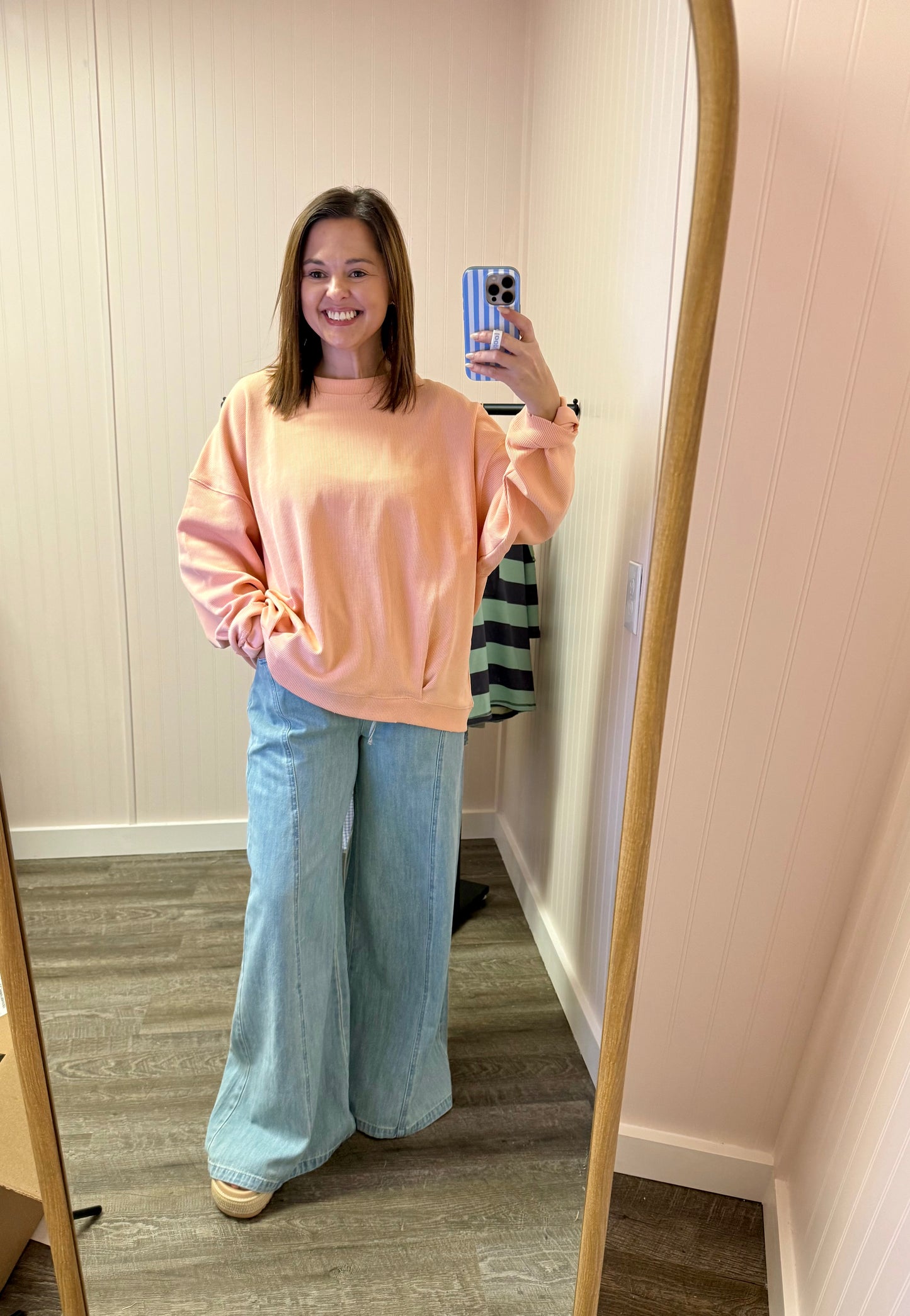 Knit ribbed crew neck sweatshirt