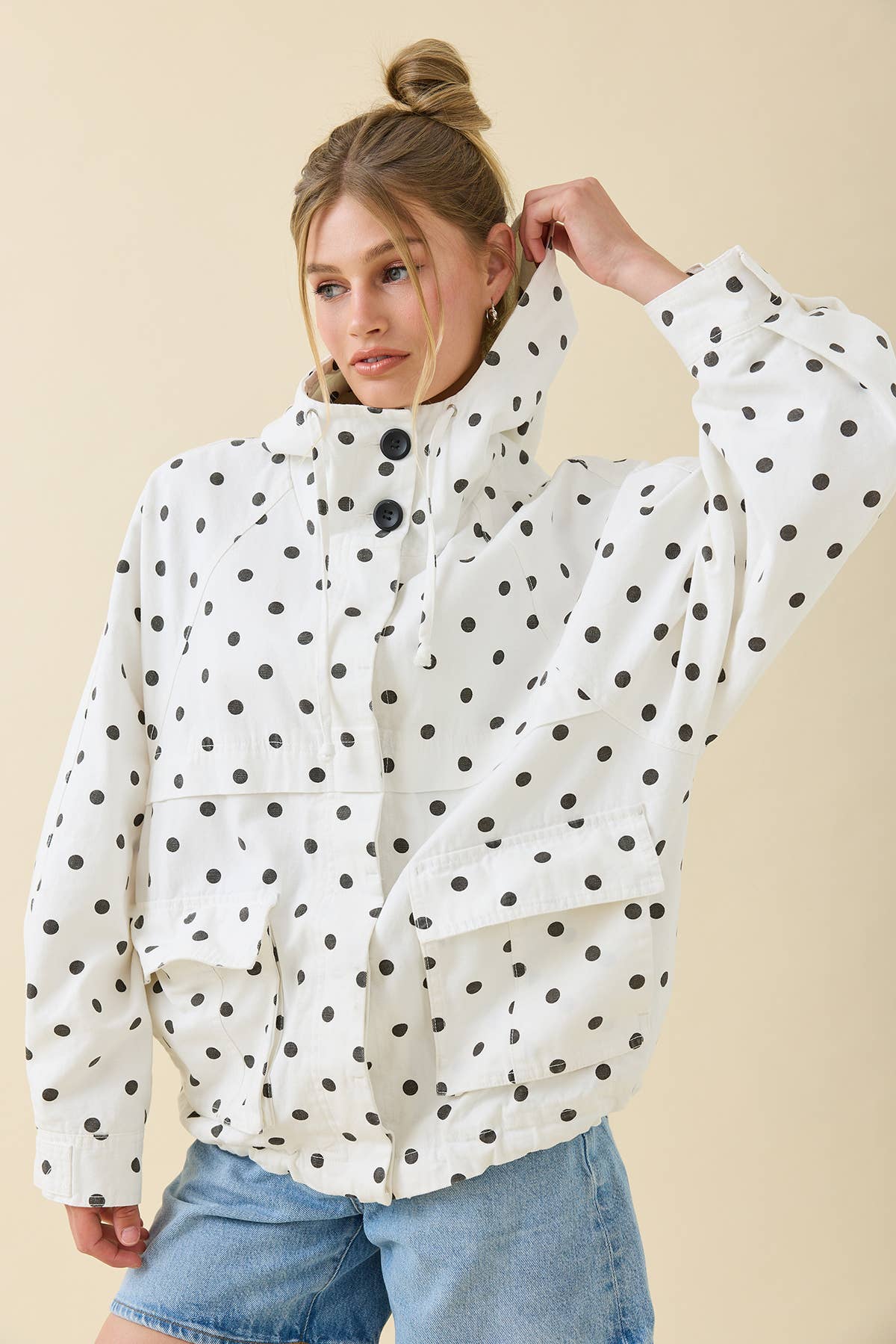 Polka Dot Hooded Utility Jacket - RJ1138