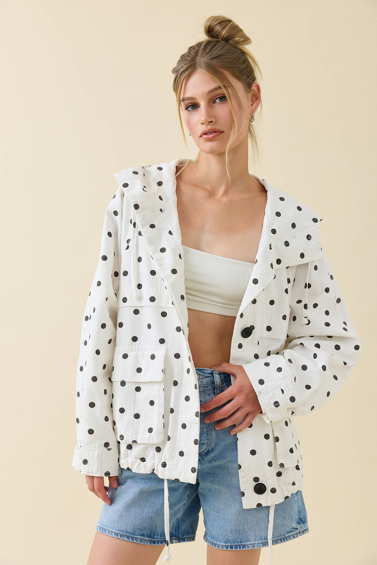 Polka Dot Hooded Utility Jacket - RJ1138