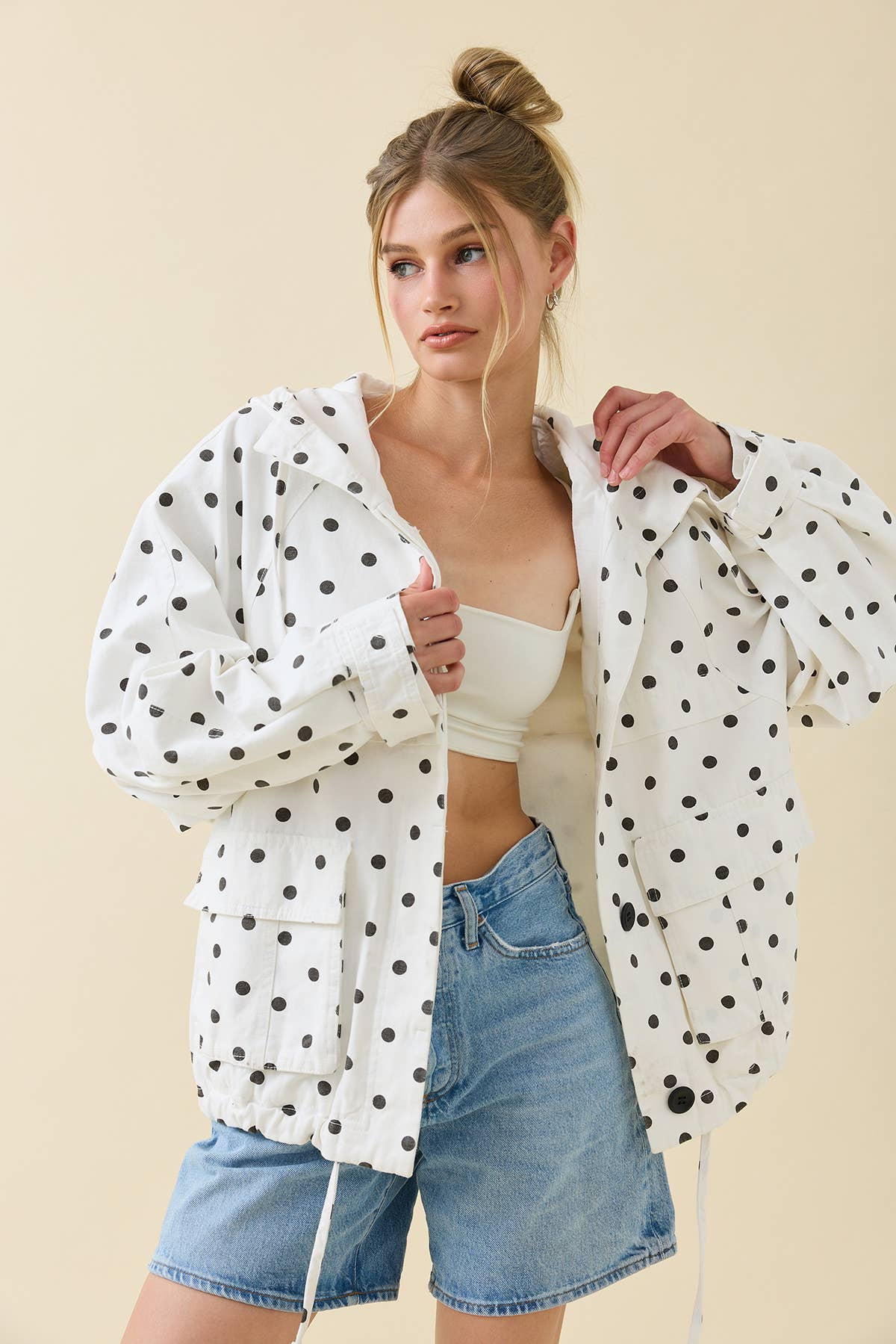 Polka Dot Hooded Utility Jacket - RJ1138