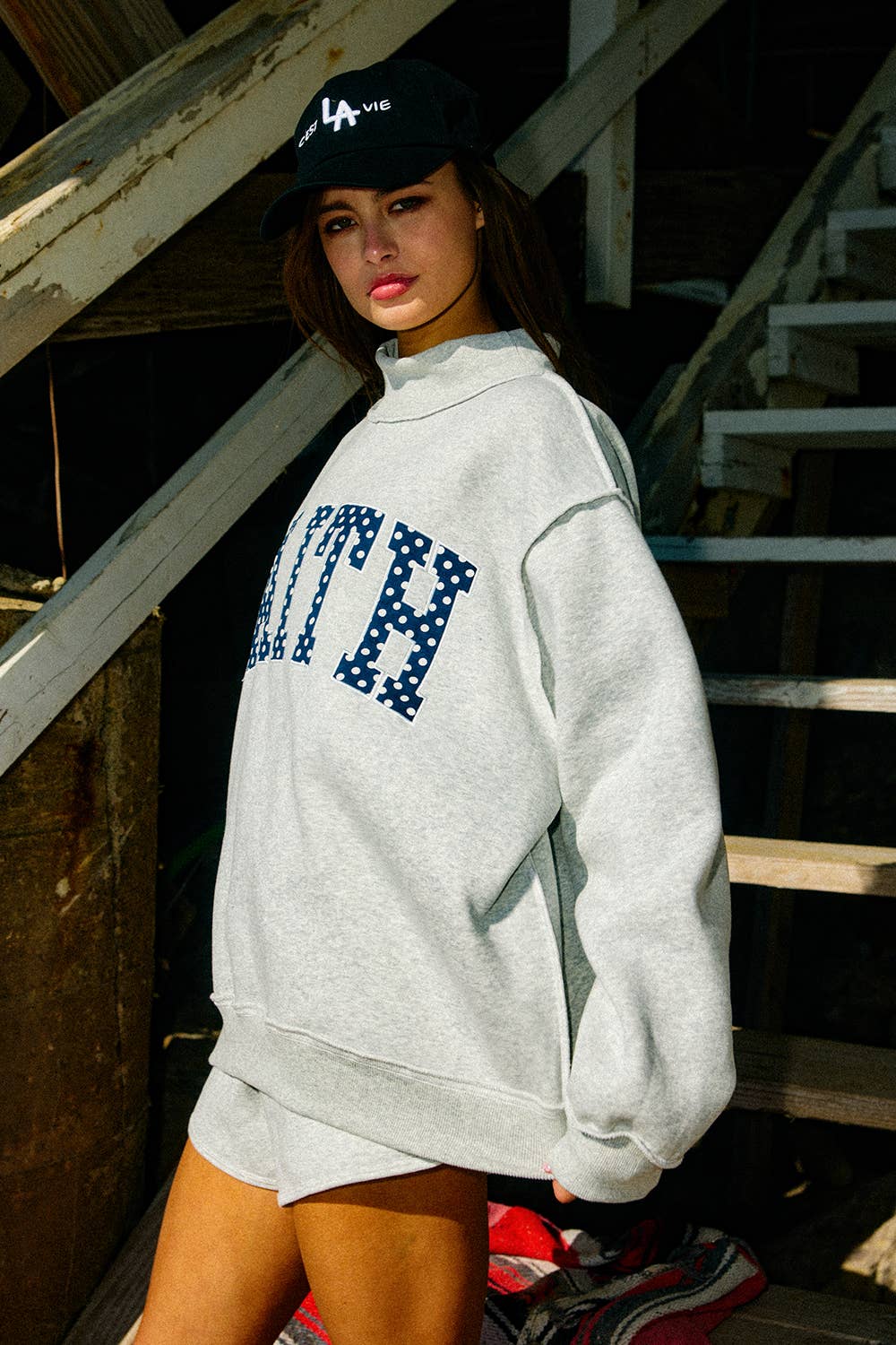 Embroidered Polka-Dot Mock Neck Sweatshirt