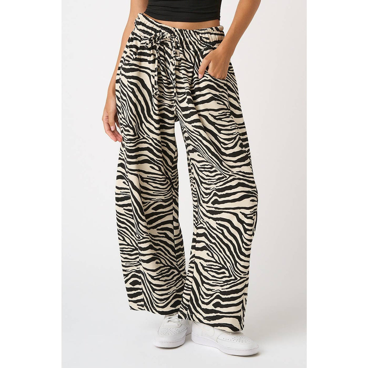 ZEBRA PRINT PULL-ON BARREL LEG PANTS